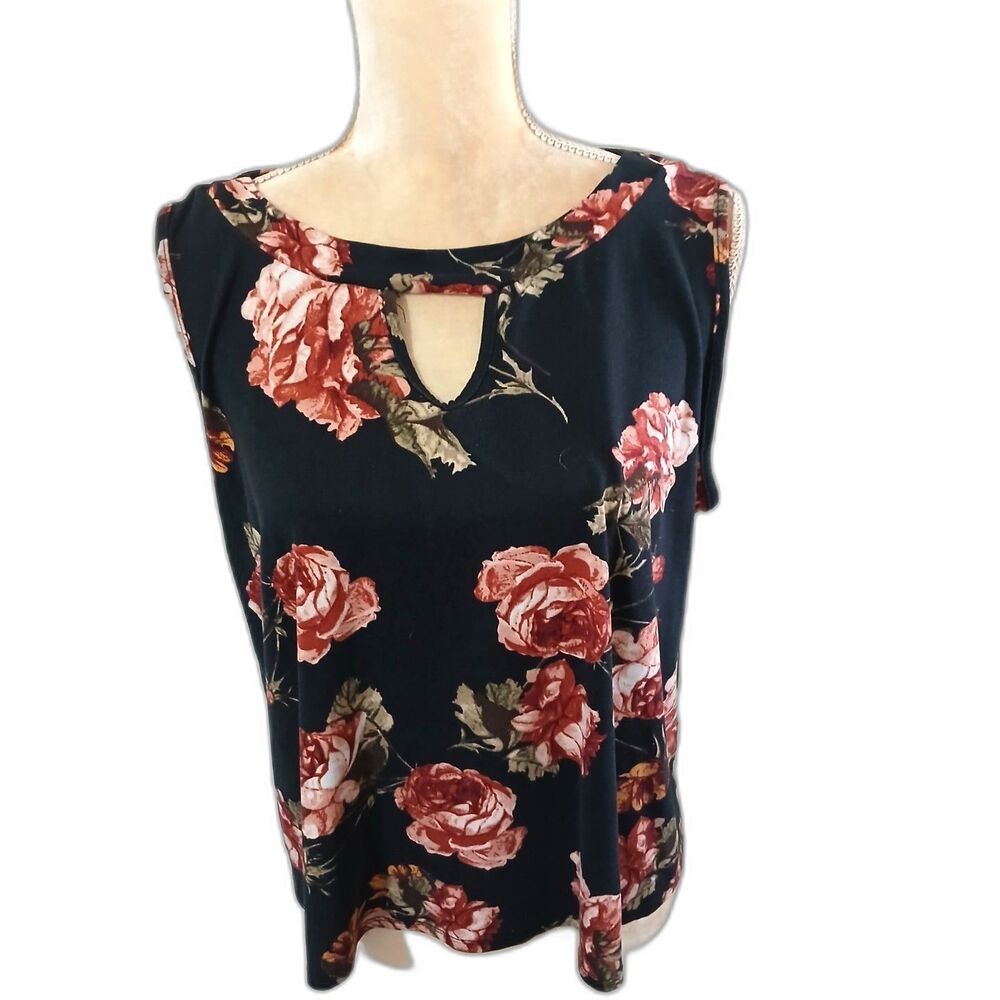 Rue Juju pink cottage rose floral sleeveless top LP polyester knit